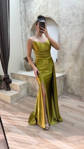 Sarı Straplez Bel Detay Tasarım Saten Abiye Elbise
