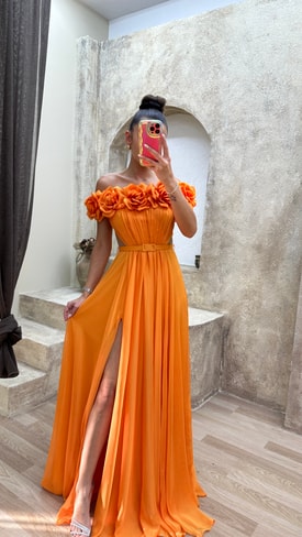 Turuncu Straplez Göğsü Gül Bel Detay Tasarım Abiye Elbise