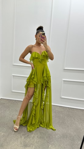 Yeşil Straplez Fırfır Detay Tasarım Abiye Elbise
