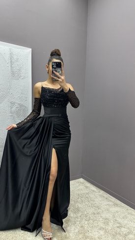 Siyah Kol Detay Tasarım Saten Abiye Elbise