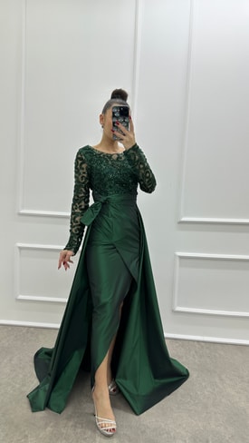 Zümrüt Yeşili Bel Detay İşlemeli Tasarım Saten Abiye Elbise