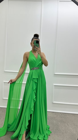 Yeşil Volan Detay Broşlu Tasarım Abiye Elbise