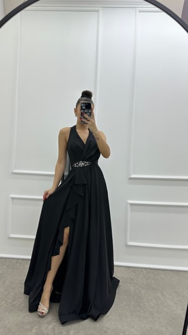 Siyah Volan Detay Broşlu Tasarım Abiye Elbise