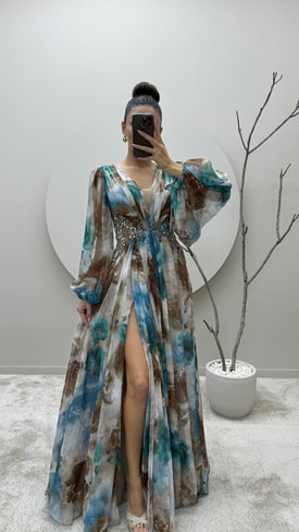 Kahverengi Balon Kol Beli İşlemeli Tasarım Şifon Abiye Elbise
