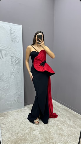 Kırmızı Straplez Bel Detay Tasarım Abiye Elbise