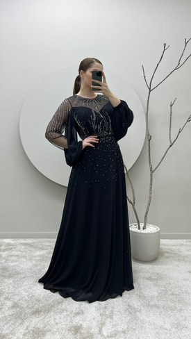 Siyah Balon Kol İşleme Detay Büyük Beden Tasarım Elbise