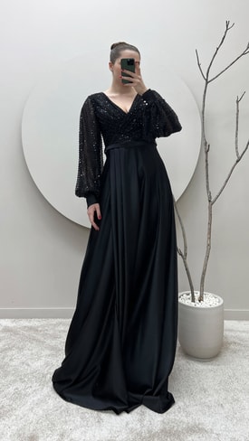 Siyah Balon Kol Göğsü Pul Payet Tasarım Büyük Beden Saten Abiye Elbise
