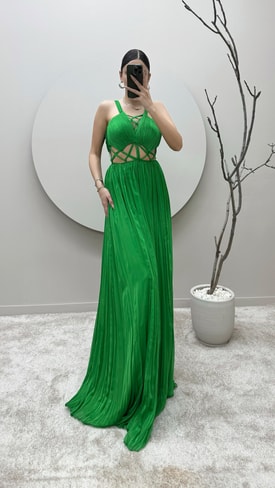 Yeşil İp Askılı Bel Detay Abiye Elbise