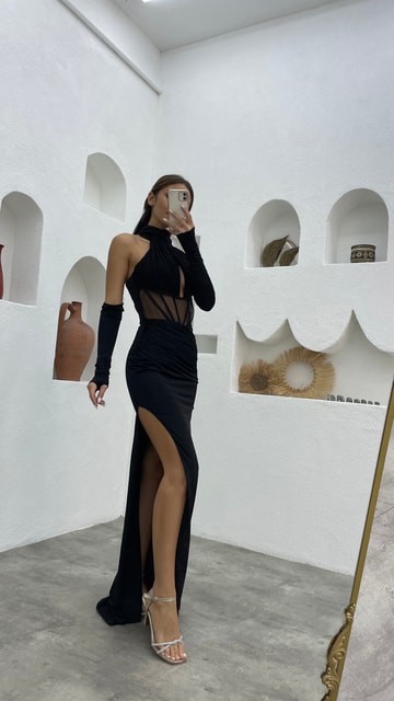 Siyah Transparan Detay Drapeli Saten Abiye Elbise
