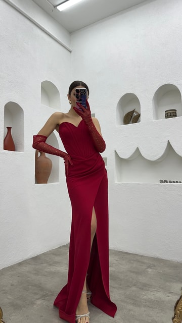 Kırmızı Straplez Kol Detay Tasarım Abiye Elbise