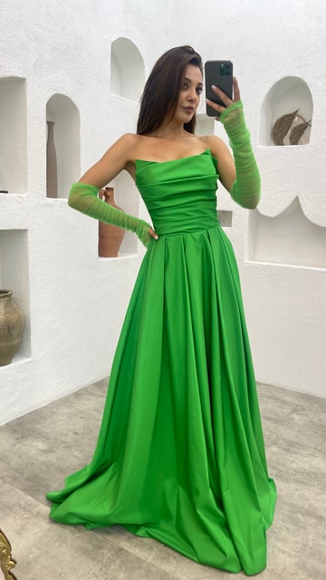 Yeşil Straplez Kol Detay Elbise