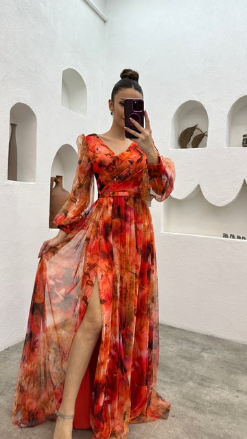 Turuncu Renkli Balon Kol Abiye Elbise
