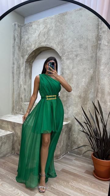 Yeşil Tek Omuz Volanlı Kemerli Elbise