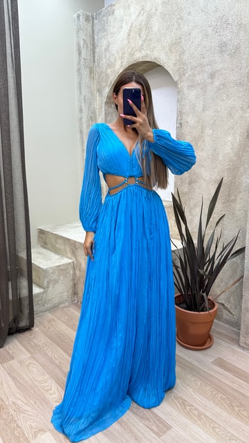 Mavi Bel Detay Pliseli Abiye Elbise