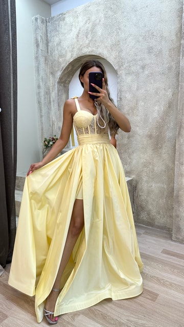 Sarı İp Askılı Transparan Detay Abiye Elbise