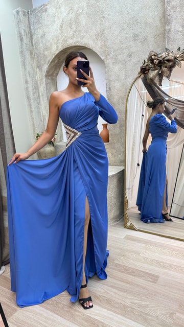 Mavi Tek Omuz Bel Detay Saten Abiye Elbise