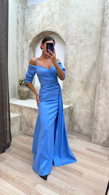 Mavi İp Askılı Kol Detay Drapeli Abiye Elbise