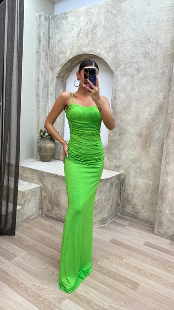Yeşil İp Askılı Sırt Detay Büzgülü Elbise