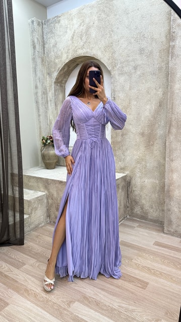 Lila Balon Kol Transparan Detay Bürümcük Kumaş Tasarım Abiye Elbise