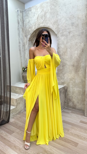 Sarı Kol Ve Göğüs Detay Şifon Abiye Elbise