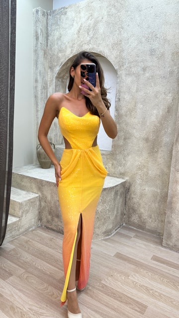 Sarı Straplez Bel Detay Payet Elbise
