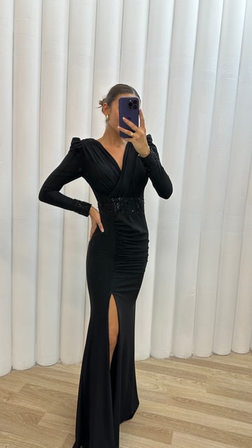 Siyah V Yaka Bel Detay Drapeli Abiye Elbise