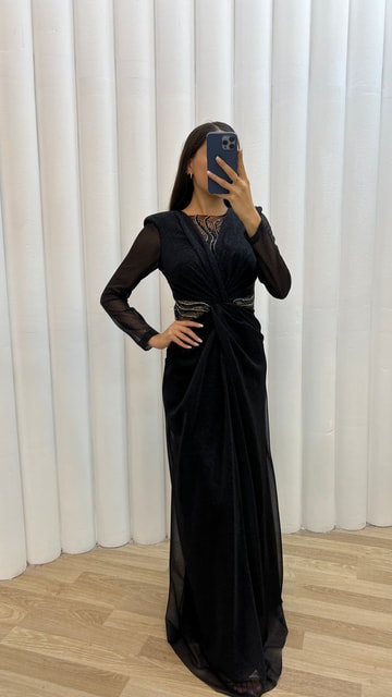 Siyah Bel Detay Fiyonk Tasarım Abiye Elbise