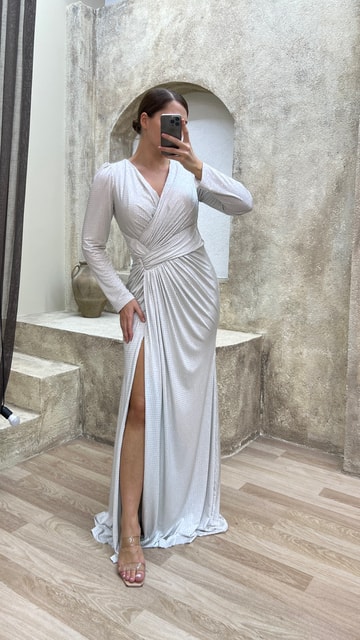 Beyaz V Yaka Bel Detay Tasarım Abiye Elbise