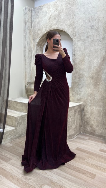 Bordo V Yaka Bel Detay Taş İşlemeli Tasarım Büyük Beden Abiye Elbise