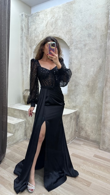 Siyah Balon Kol Transparan Detay İşlemeli Tasarım Abiye Elbise