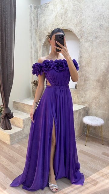 Mor Straplez Göğsü Gül Bel Detay Tasarım Abiye Elbise