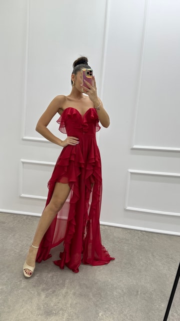 Kırmızı Straplez Fırfır Detay Tasarım Abiye Elbise