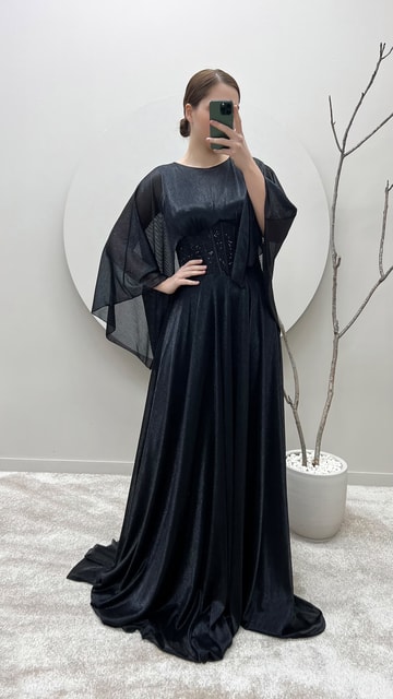 Siyah Bel Detay Tasarım Büyük Beden Abiye Elbise