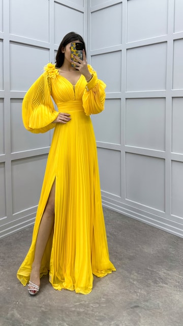Sarı Balon Kol Pliseli Omuz Detay Tasarım Elbise