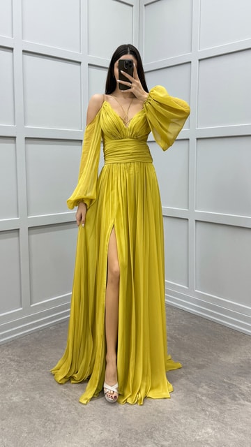 Sarı Sırtı İp Balon Kol Tasarım Şifon Elbise