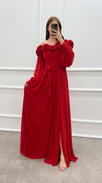 Kırmızı Göğsü Gül Balon Kol Büyük Beden Şifon Elbise