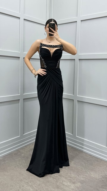 Siyah Omuz Detay Transparan Drapeli Abiye Elbise