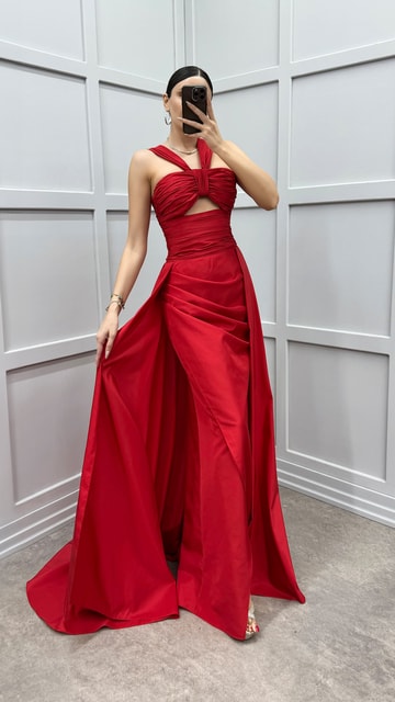 Kırmızı Omuz Detay Transparan Drapeli Abiye Elbise