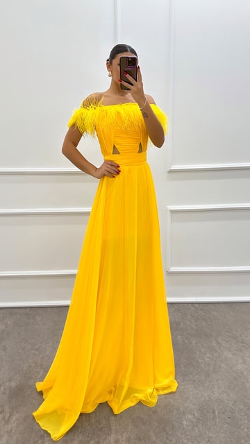 Sarı Straplez Göğsü Tül Beli Transparan Elbise