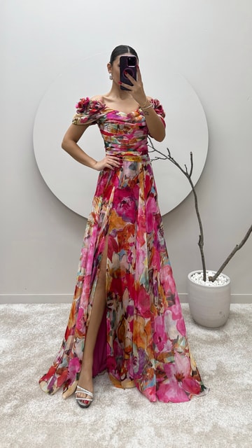Turuncu Omuz Detay Desenli Tasarım Şifon Elbise