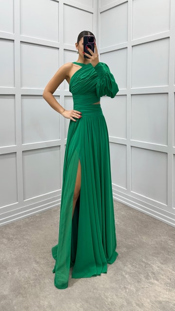 Yeşil Tek Kol Omuz Detay Tasarım Elbise