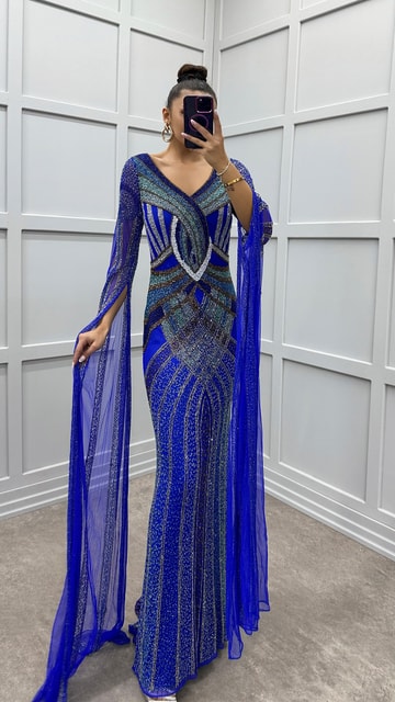 Saks Kol Detay Transparan Özel Tasarım İşlemeli Abiye Elbise