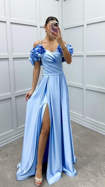 Bebe Mavi Omuz Detay Saten Tasarım Abiye Elbise