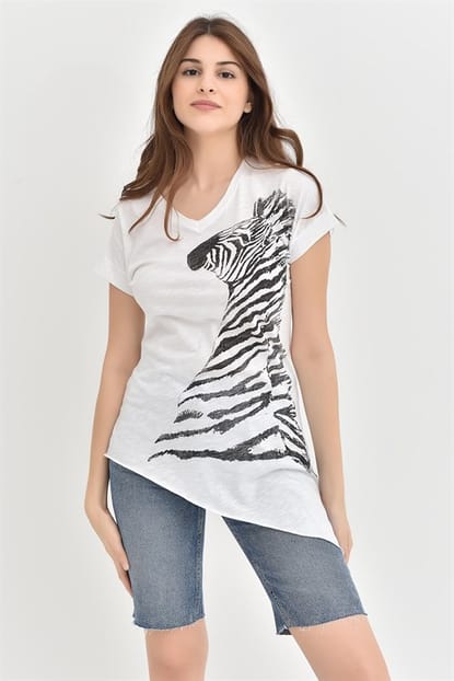 White Zebra Printed T-Shirts Asymmetrical Cut