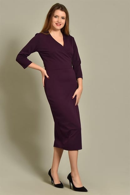 Plum Double-breasted Collar Side Button Detail Midi Dress Length