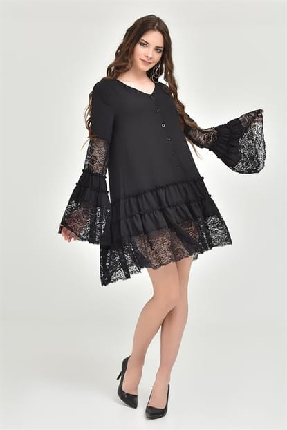 Black Guipure Detail Shirt Dress