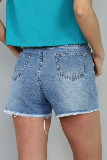 Detailed Torn Blue Denim Shorts