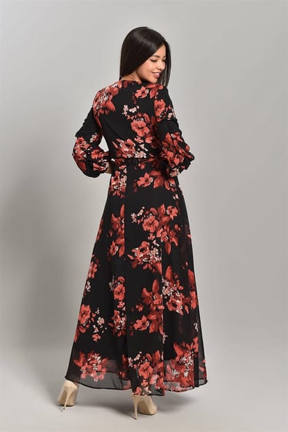 Black Floral Long Chiffon Dress