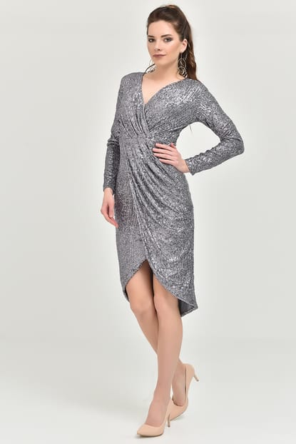 Gray-breasted Collar Stamps Sequin Evening Dress