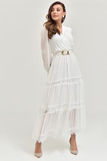 Beyaz Etek Ucu Tül Kemerli Şifon Elbise